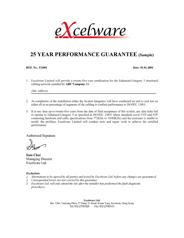 Excelware 25 Yr Performance Guarantee Sample 05